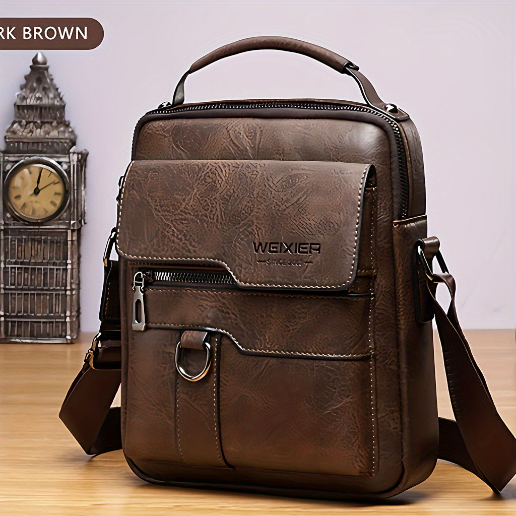 Men’s vintage crossbody shoulder bag in dark brown, shown from front angle with zipper and handle
