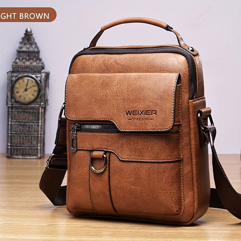 Men’s vintage crossbody shoulder bag in light brown, shown from front angle with zipper and handle