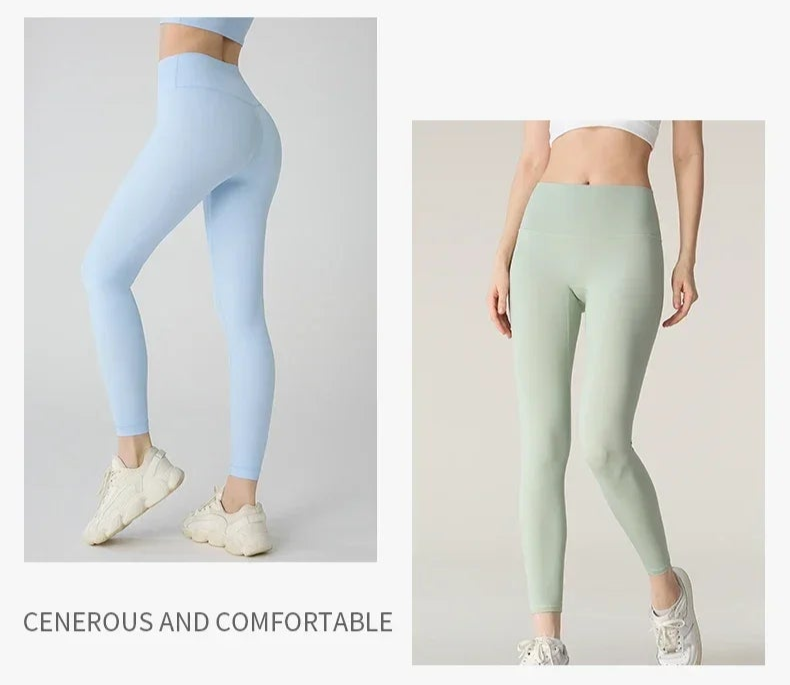 Models in baby blue and mint green yoga leggings standing side by side