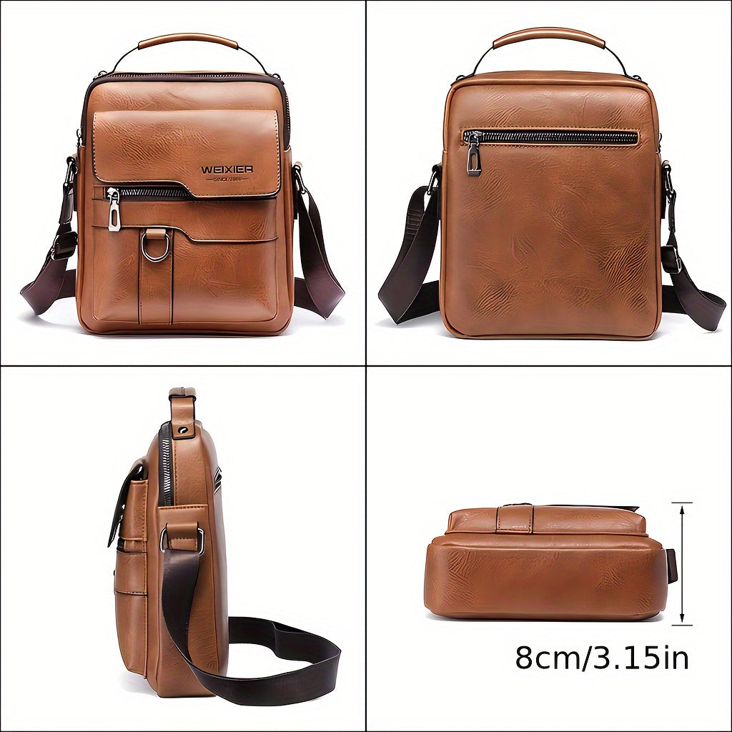 Multiple angles of vintage shoulder bag – front, back, side, and bottom profile with 8cm depth