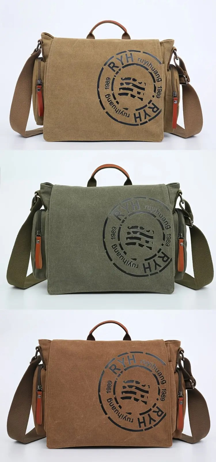 Multiple color options of Montero Milan messenger bag – khaki, green, brown
