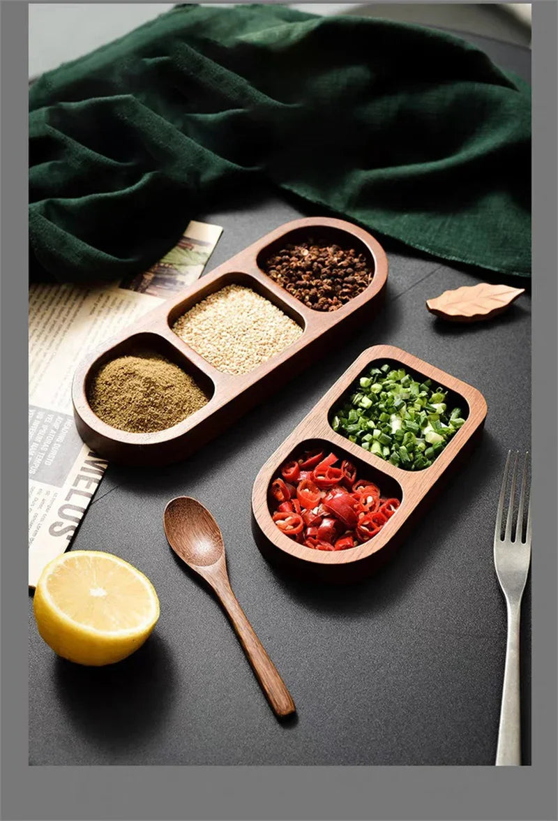 Natural wooden trays with peppercorns, sesame seeds, and spice powder arranged neatly