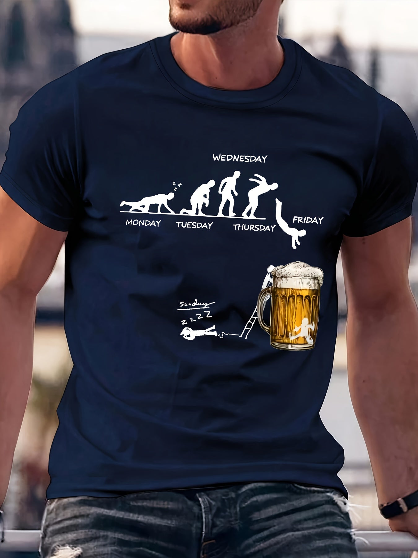 Navy blue cotton graphic T-shirt with weekday evolution print and beer mug design, front view