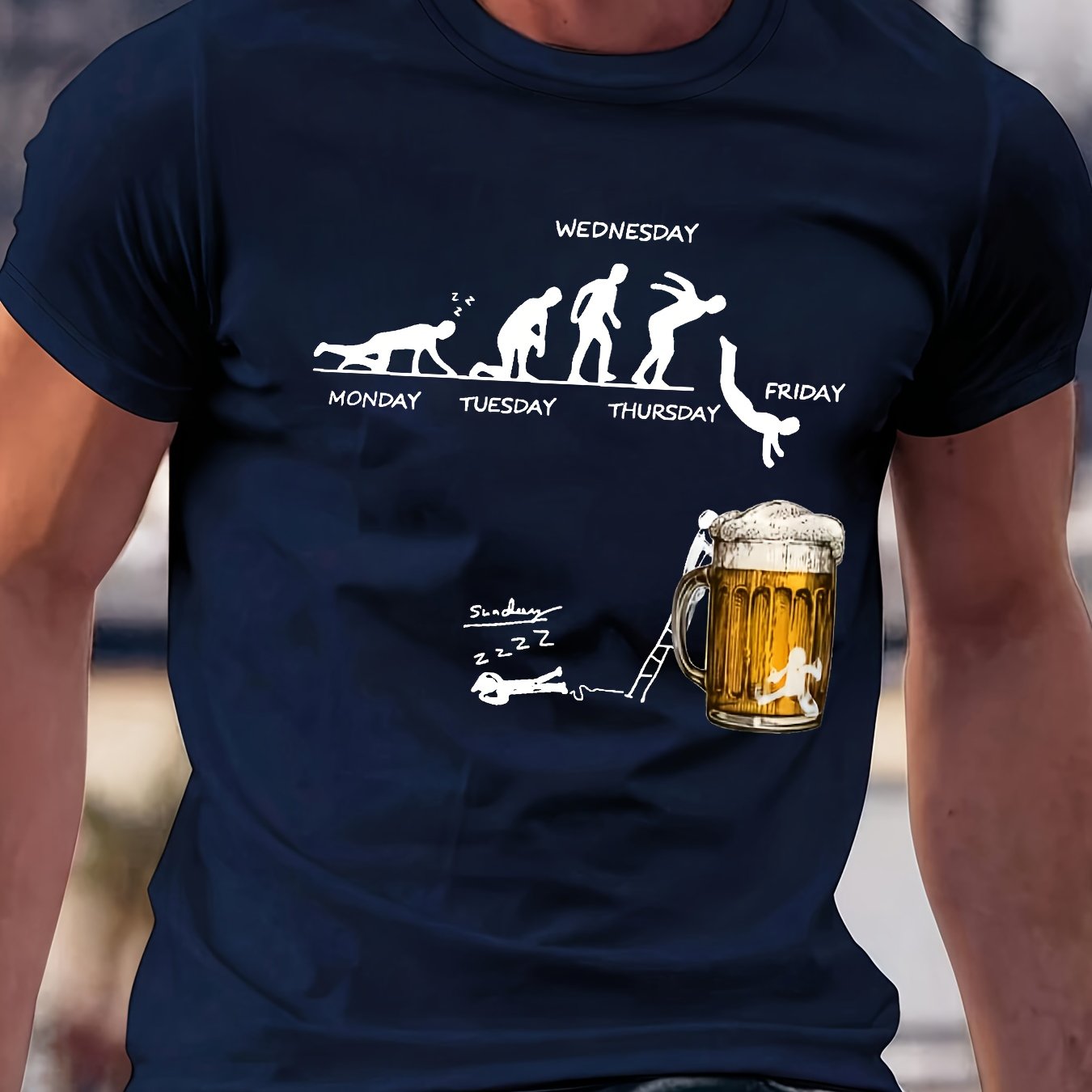 Navy blue cotton graphic T-shirt with weekday humor design and beer mug print, front view