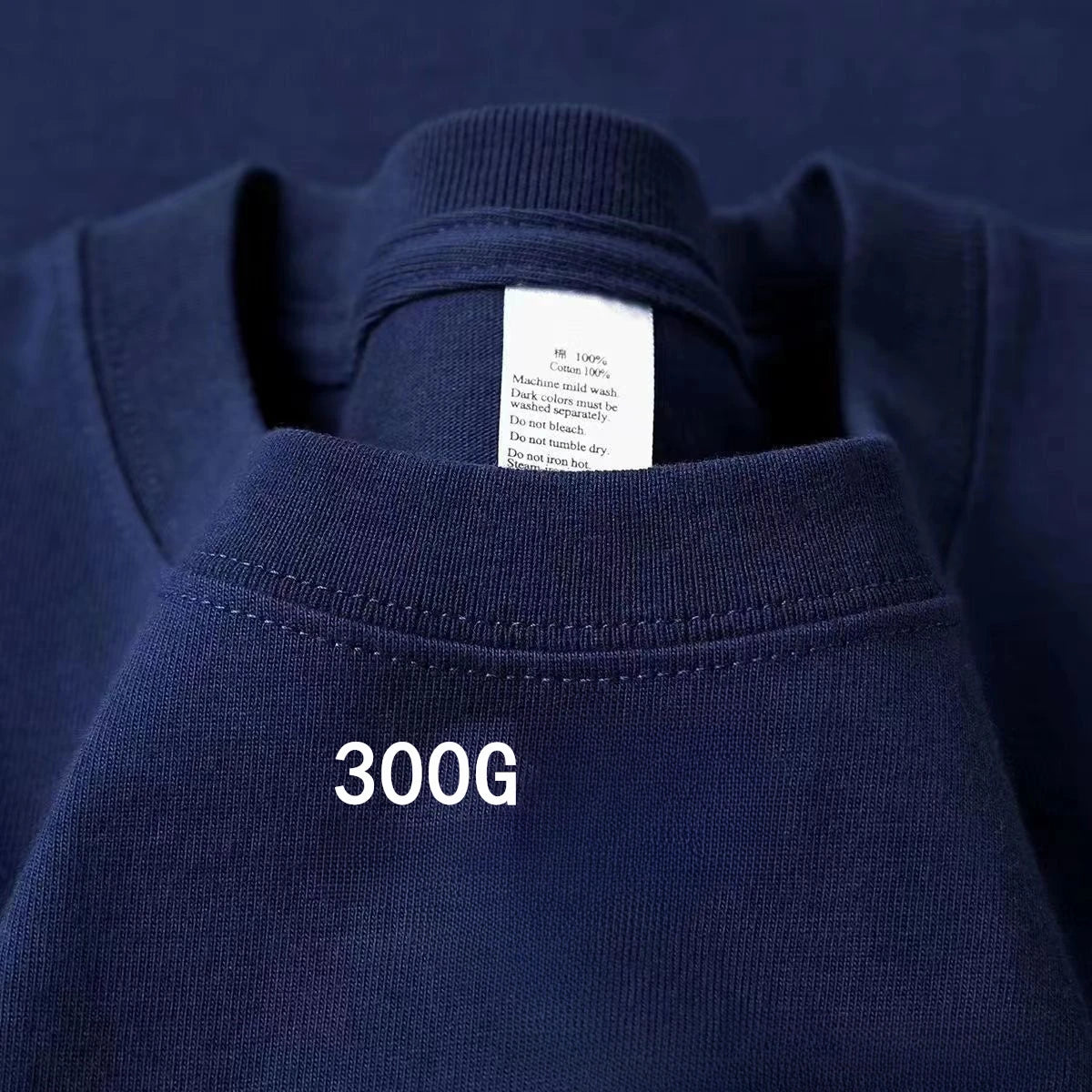 Navy blue heavyweight cotton T-shirt neckline detail with 300g print