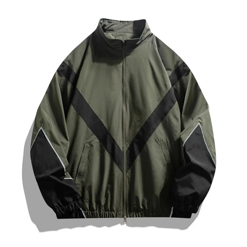 Olive green windbreaker reflective sports jacket with dark contrast stripes
