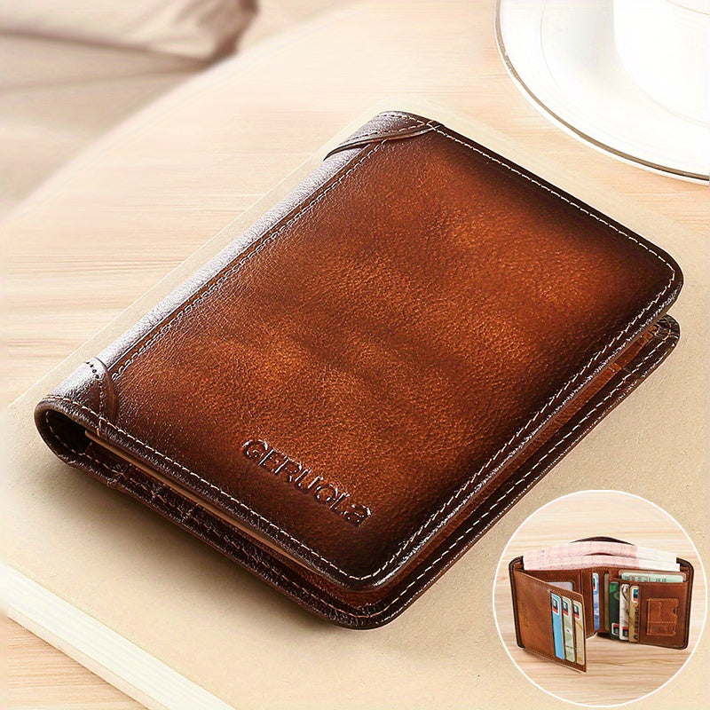 Open leather wallet showing card slots, cash area, and dual ID windows
