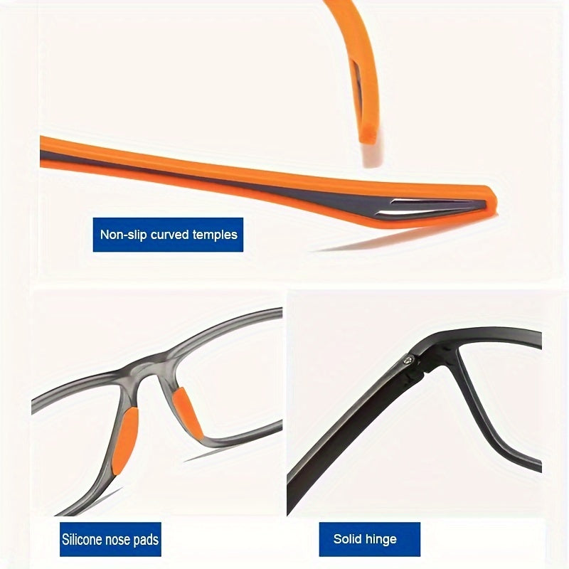 Product detail view of non-slip curved temples, silicone nose pads, and solid hinge