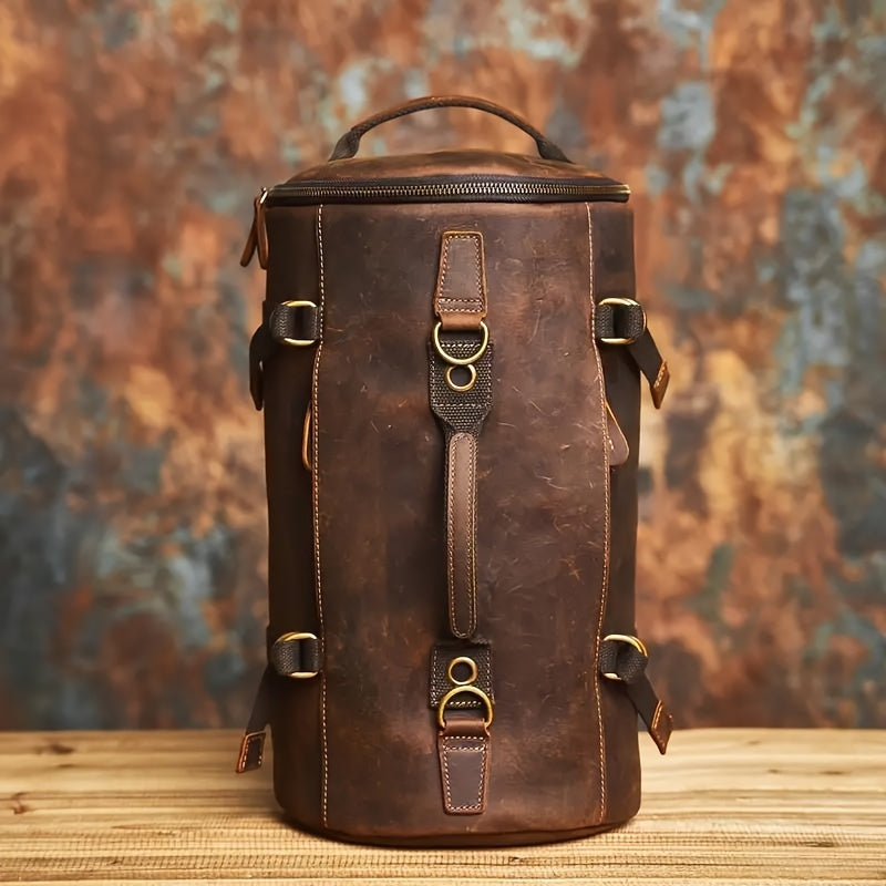 Rear view of backpack with brass rings and leather reinforcements