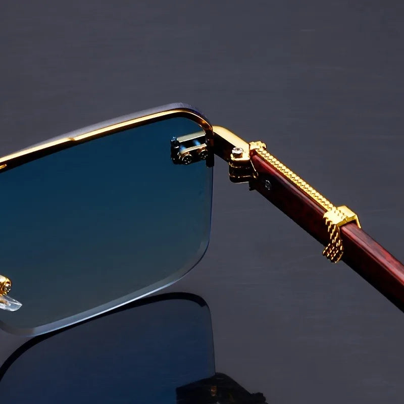 Rear view of frameless sunglasses showing gradient lenses and curved wooden temple tips