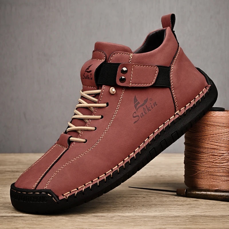 Red-brown men's sneakers with stitched leather upper and pull-on design