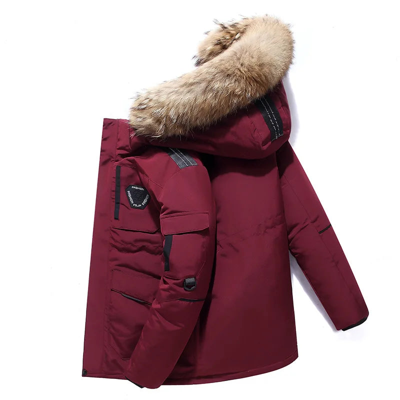 Red men’s down parka jacket displayed flat with hood, front angle