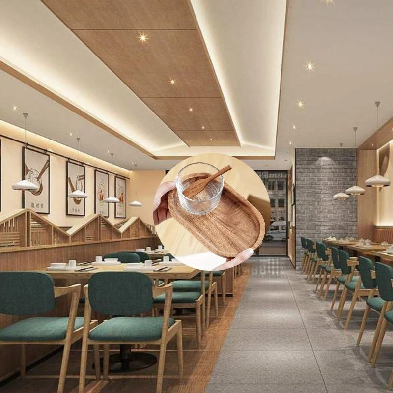 Restaurant dining setup featuring wooden interiors and inset image of Mokura tray with spoon