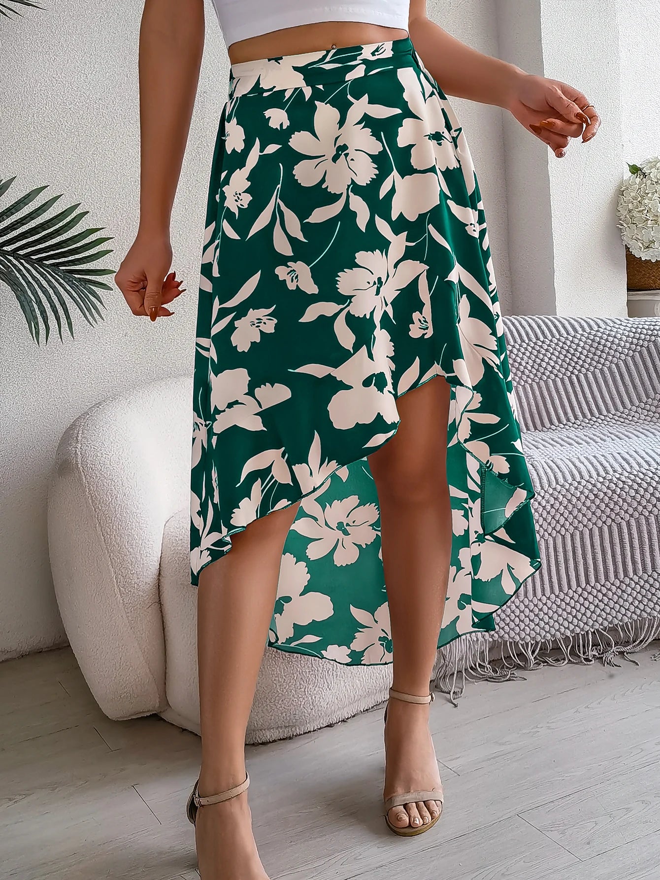 Floral High-Low Midi Skirt