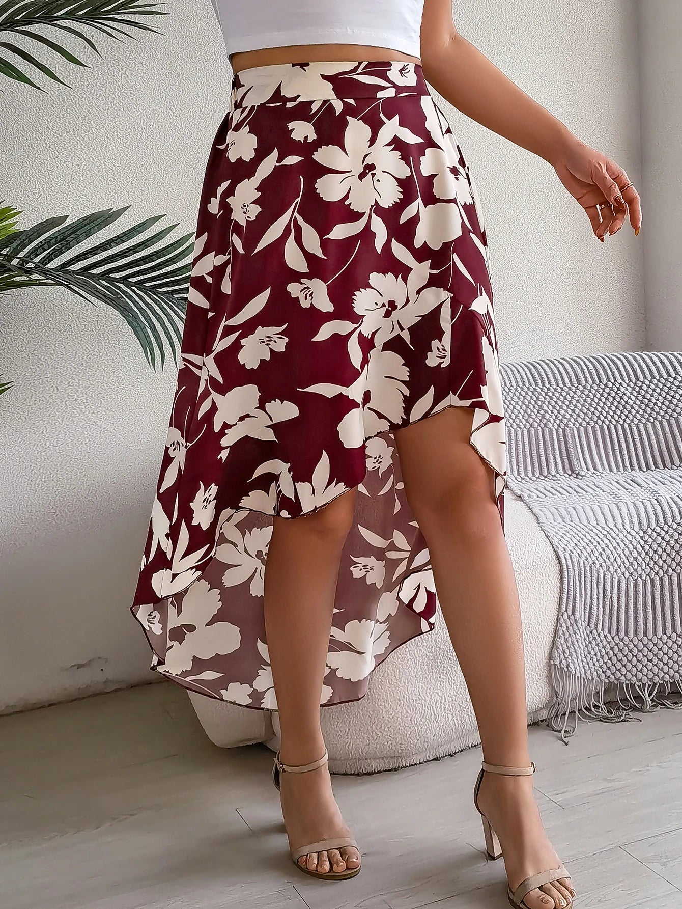 Floral High-Low Midi Skirt