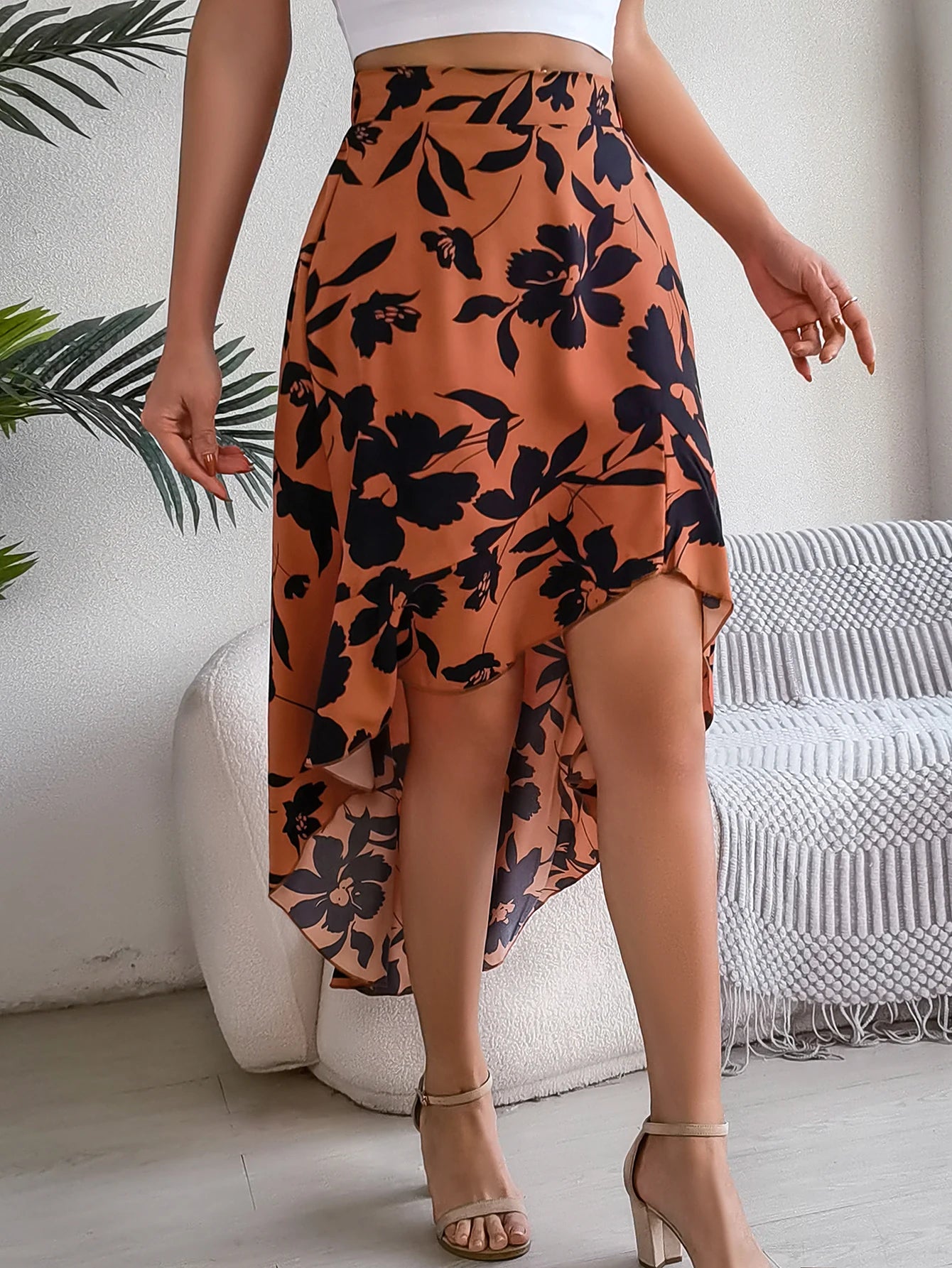 Floral High-Low Midi Skirt