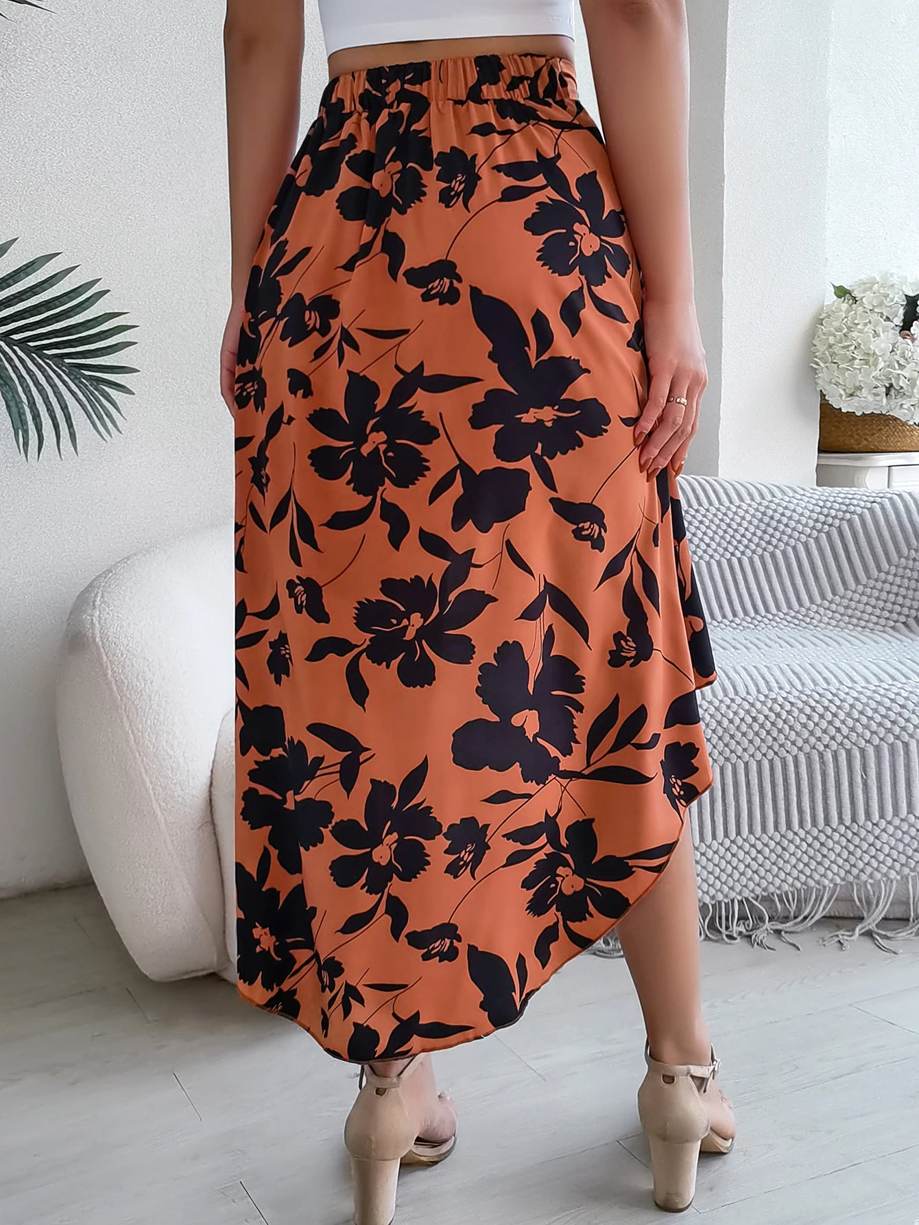 Floral High-Low Midi Skirt