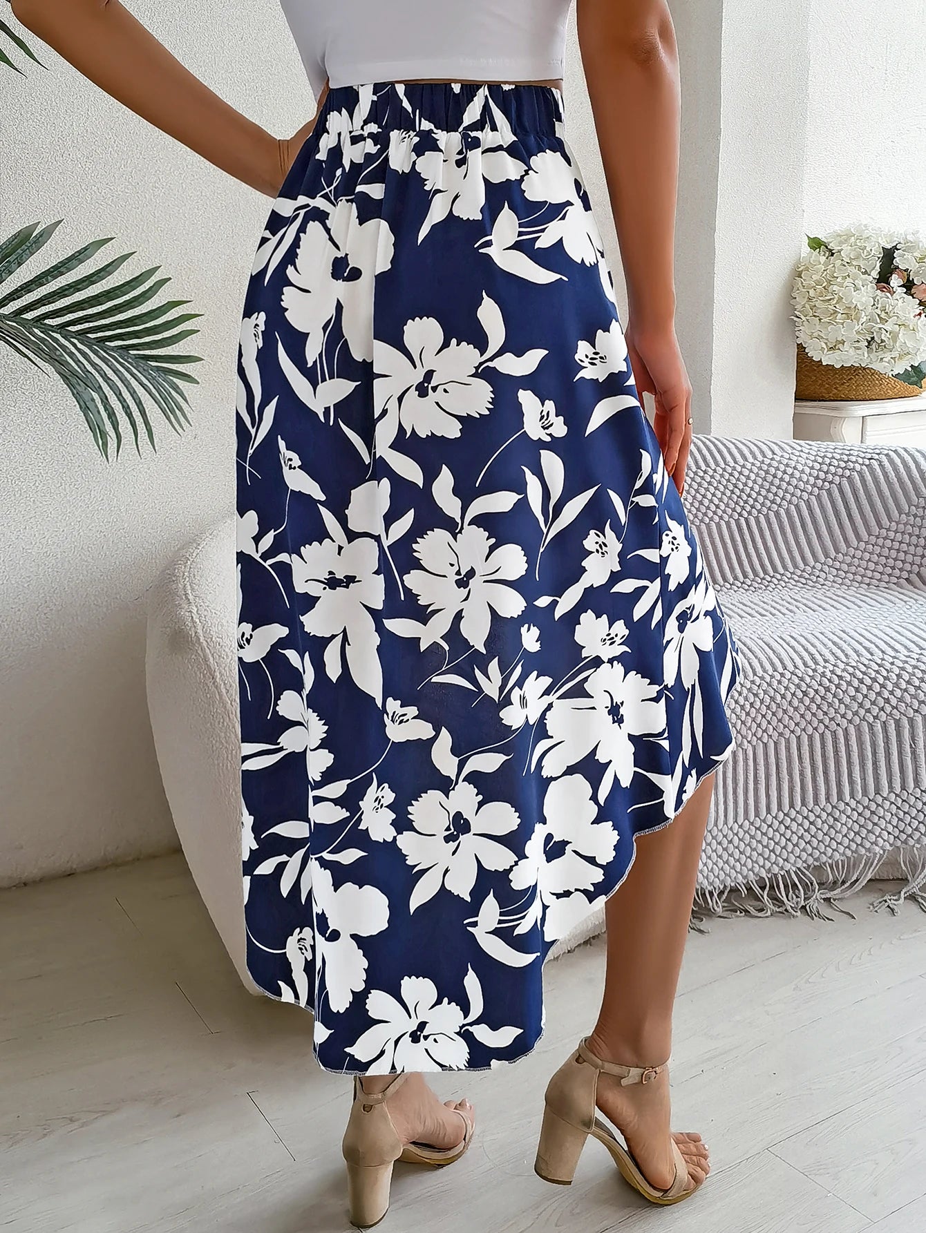 Floral High-Low Midi Skirt