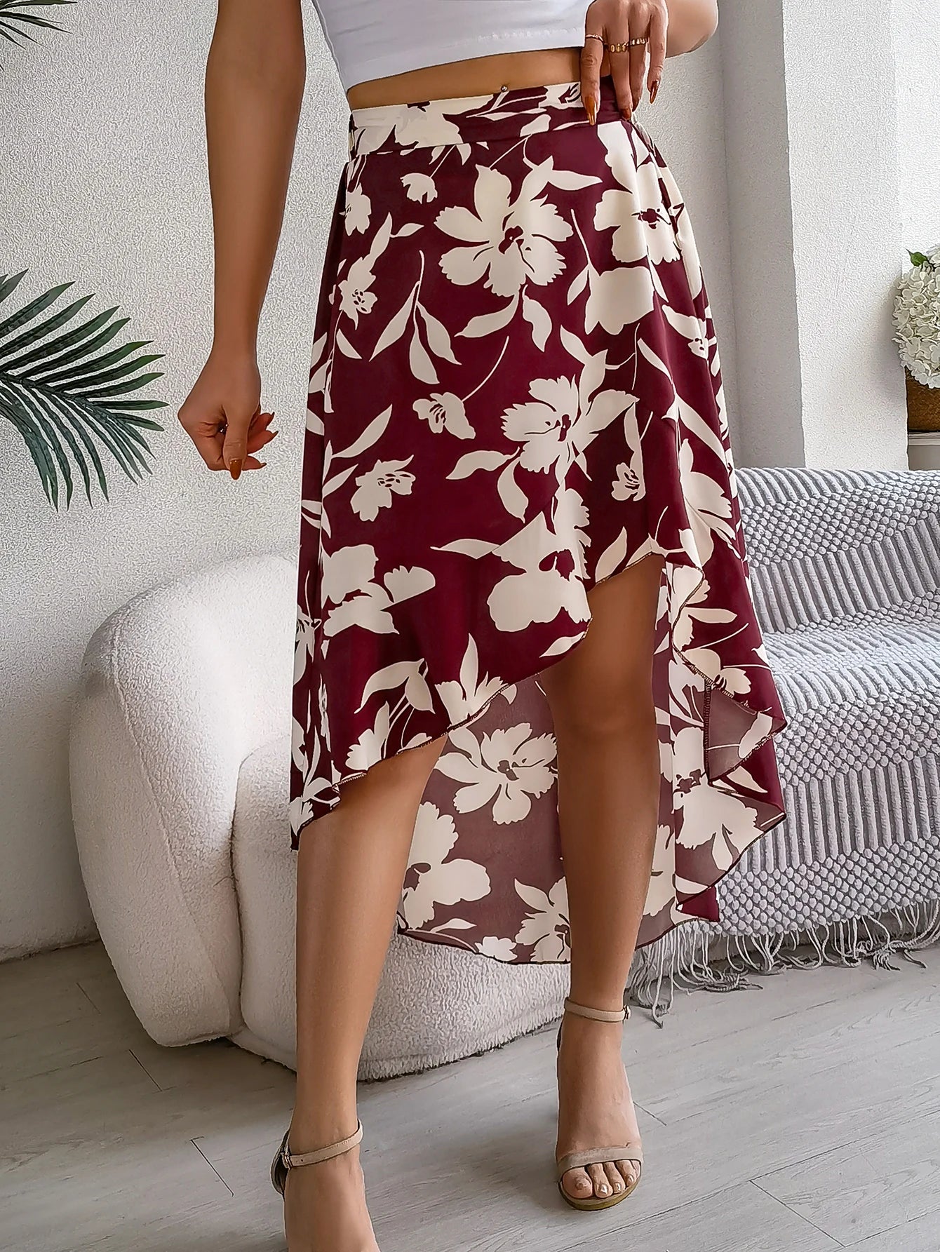 Floral High-Low Midi Skirt
