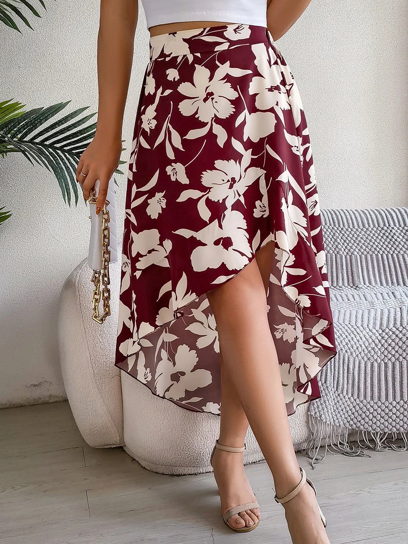Floral High-Low Midi Skirt
