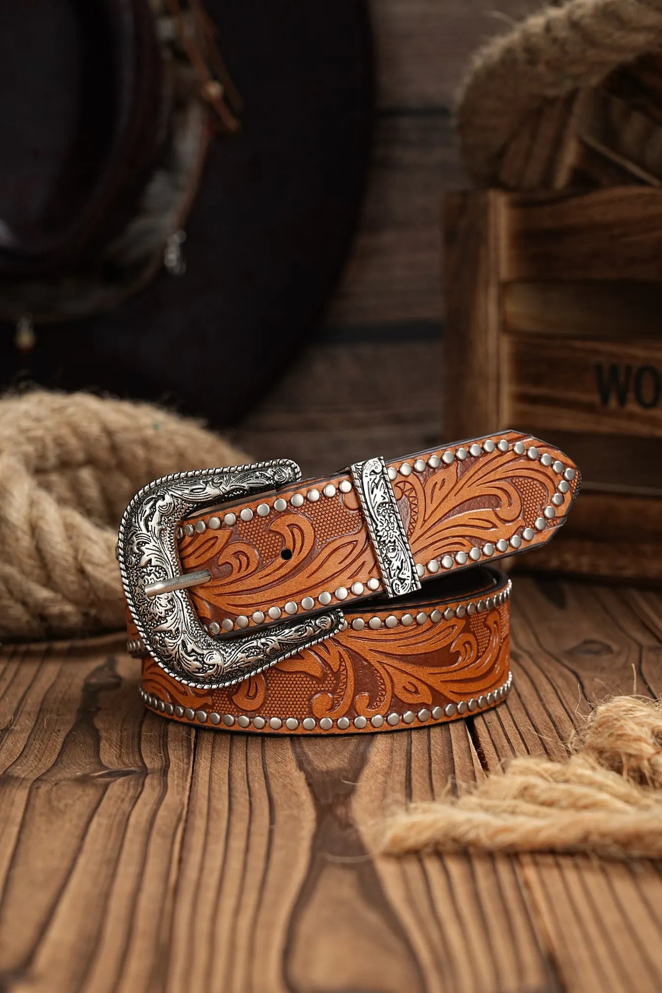Tooled Western Leather Belt