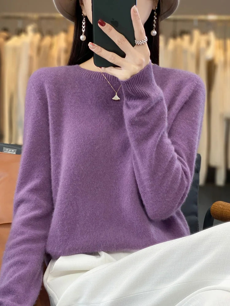 100% Merino Wool Sweater Women O-neck Cashmere Knitwear Female Pullover Autumn Winter Casual Tops Solid Color Soft Clothing