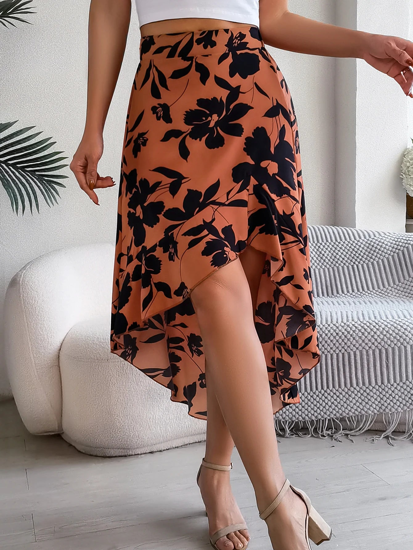 Floral High-Low Midi Skirt