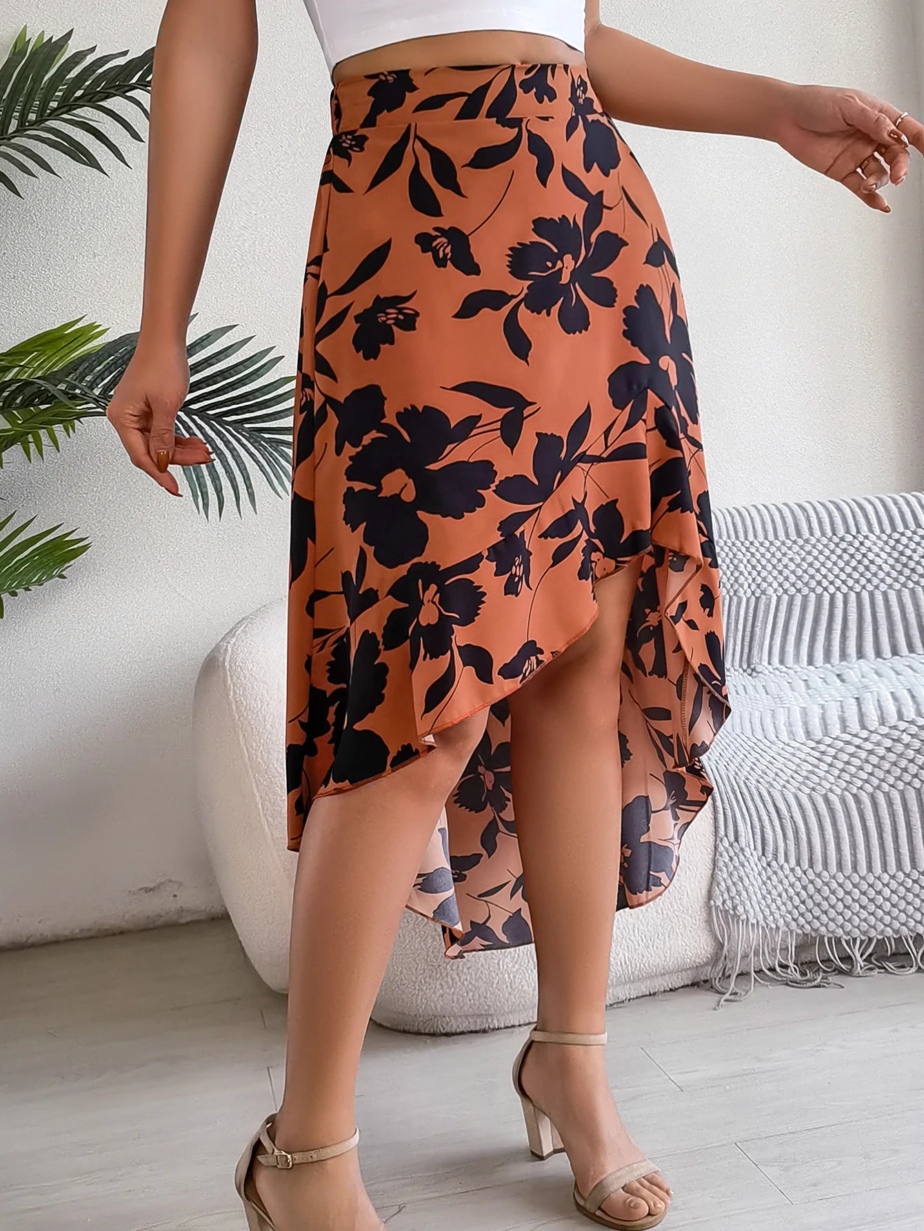 Floral High-Low Midi Skirt