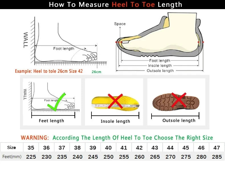 Shoe sizing chart with heel-to-toe measurement guide and EU size conversion