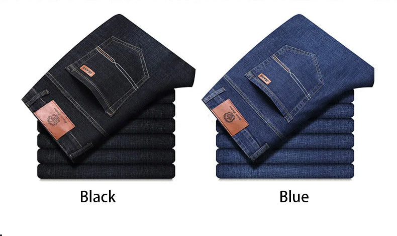 Side-by-side stack of black and blue men’s jeans with back pocket and leather patch