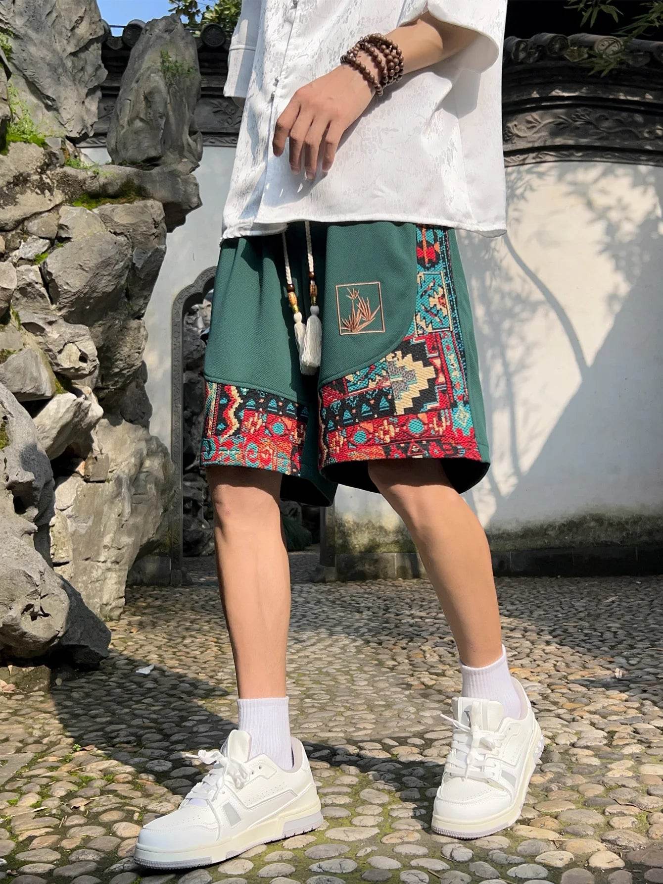 Ethnic Patchwork Drawstring Shorts - Montero Milan