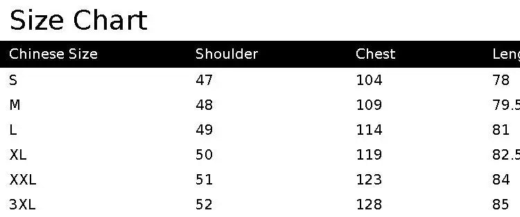 Size chart for men’s down parka jacket showing chest, shoulder, sleeve, and length measurements