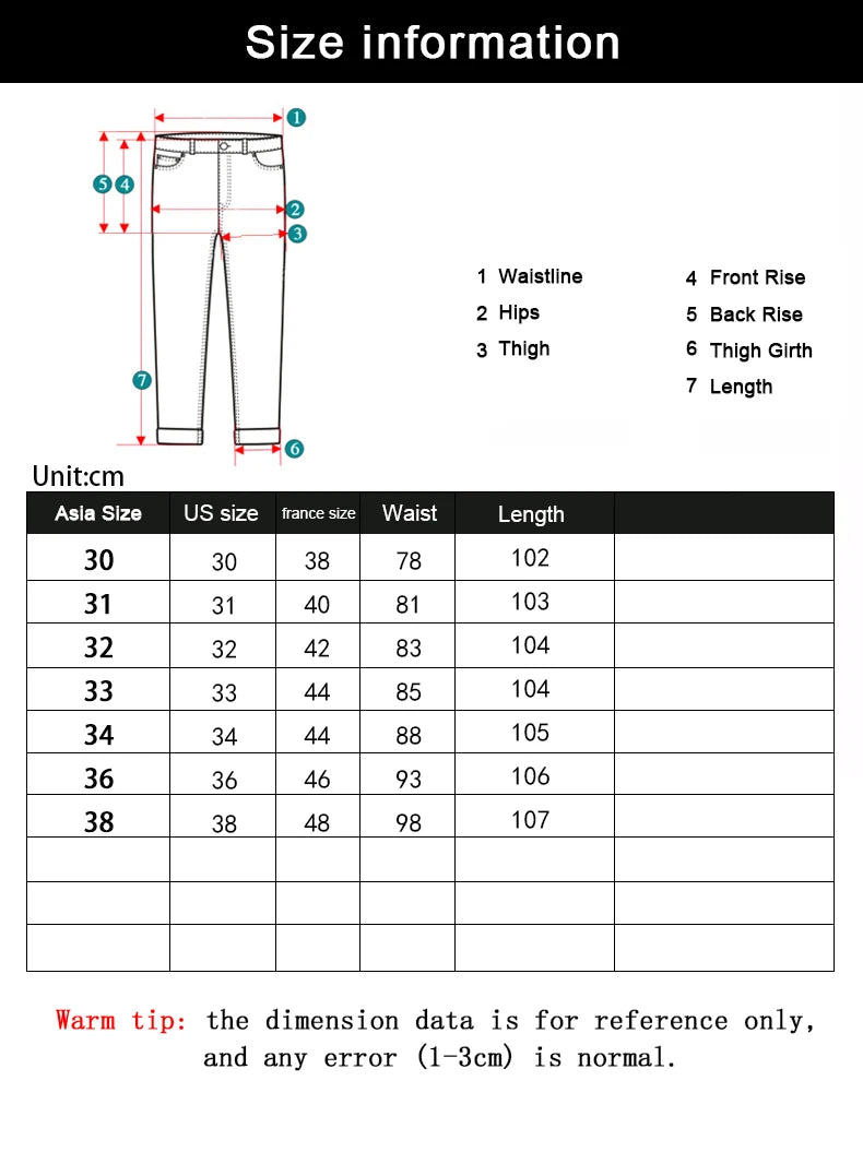 Size chart showing Asian and US sizes with waist and length measurements for men’s jeans