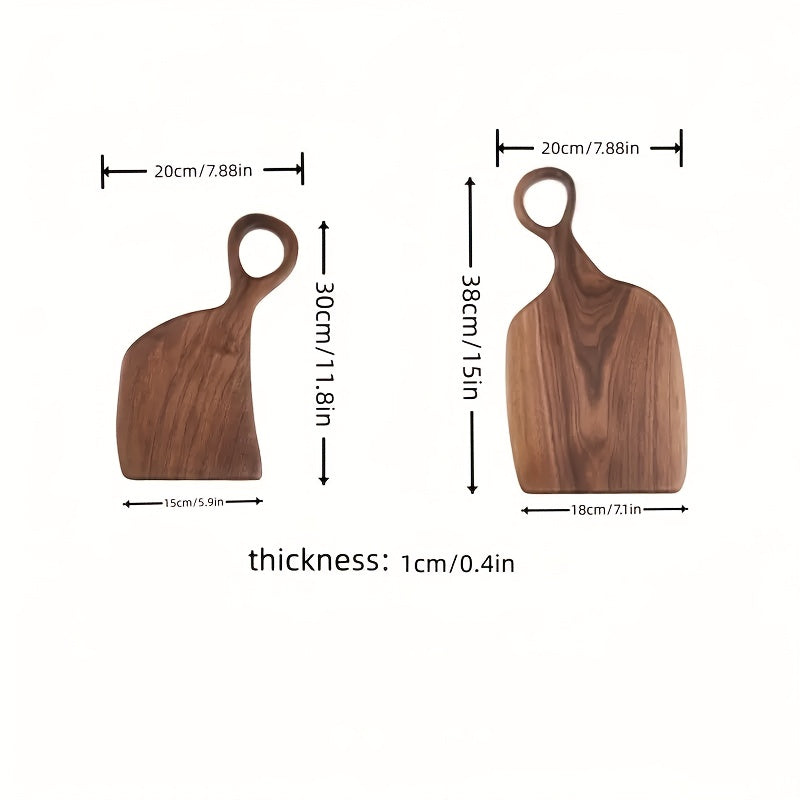 Size chart showing large and small walnut cutting boards with dimensions labeled