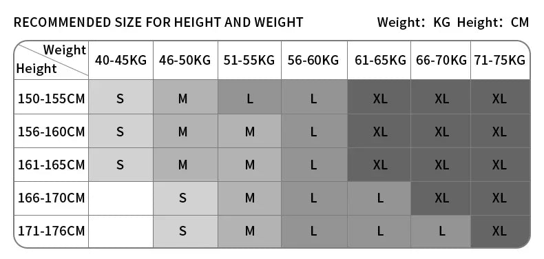 Size chart table showing measurements