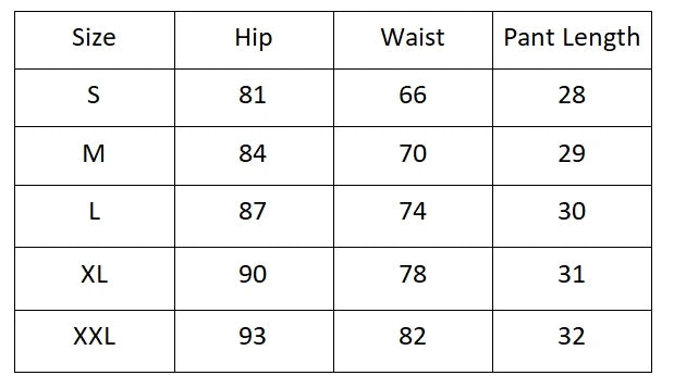 Sizing chart for dual-layer workout shorts including hip, waist, and pant length measurements