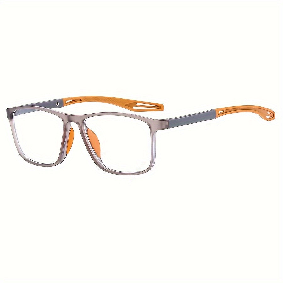 Smoky gray sport reading glasses with bright orange temple arms and nose pads, side view on white background