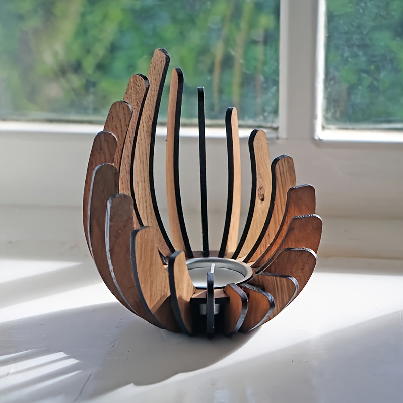 Soft daylight shining through lotus wooden candle holder on window ledge
