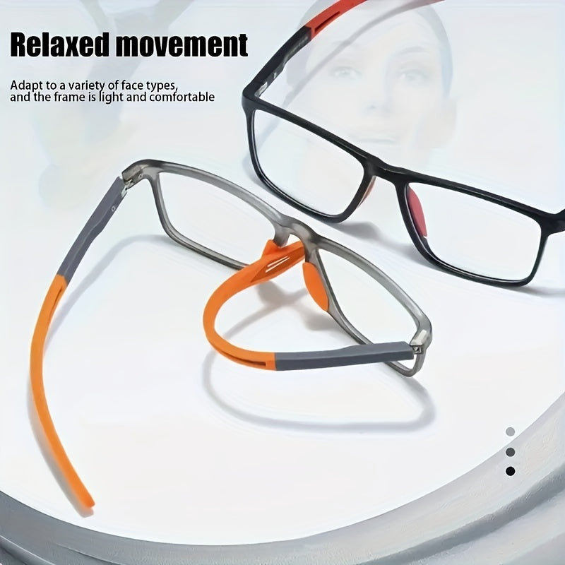 Sport reading glasses with flexible arms and additional black frame in background