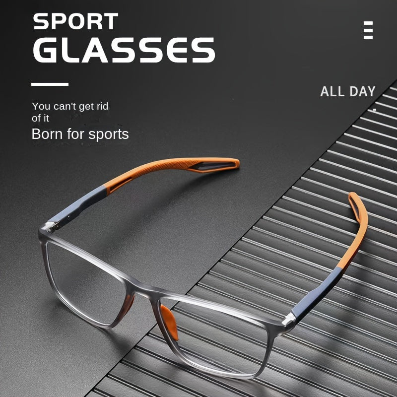 Sport reading glasses with smoky gray TR90 frame and orange temple tips on dark background