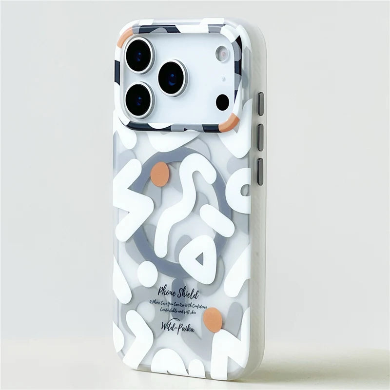 Standing white graffiti iPhone 17 MagSafe case with soft matte finish