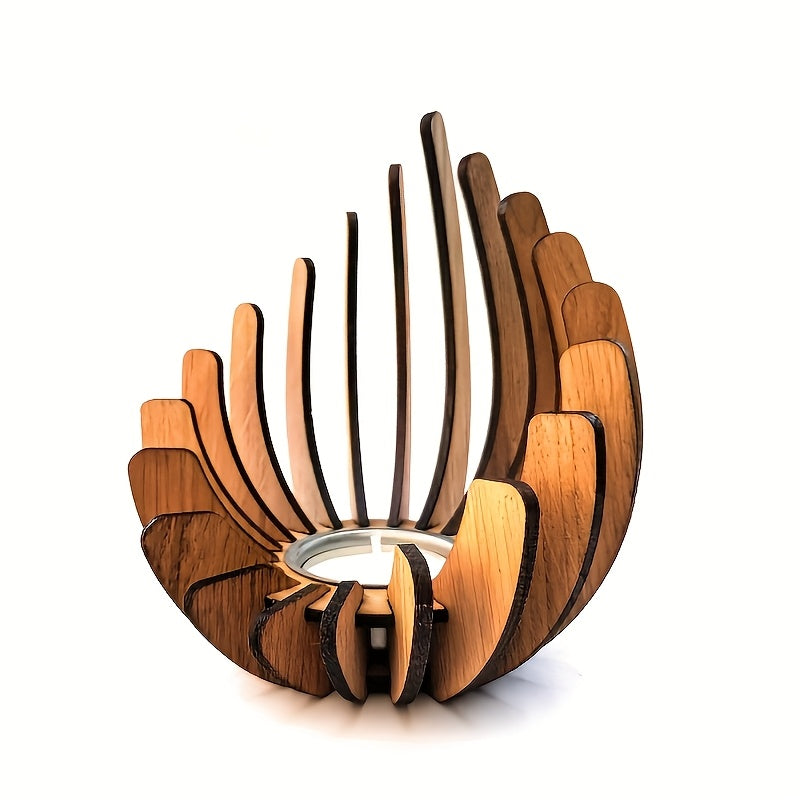 Studio close-up of layered petal wooden candle holder with central tealight area