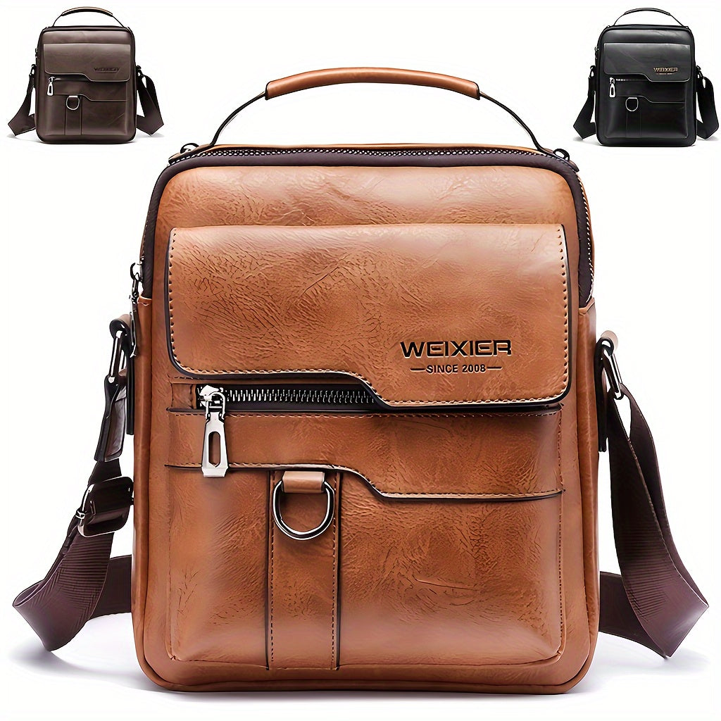 Tan crossbody shoulder bag shown with two other color options in brown and black