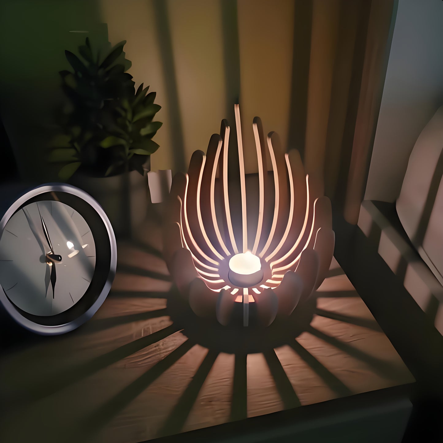 Tealight burning inside wooden candle holder on nightstand with clock