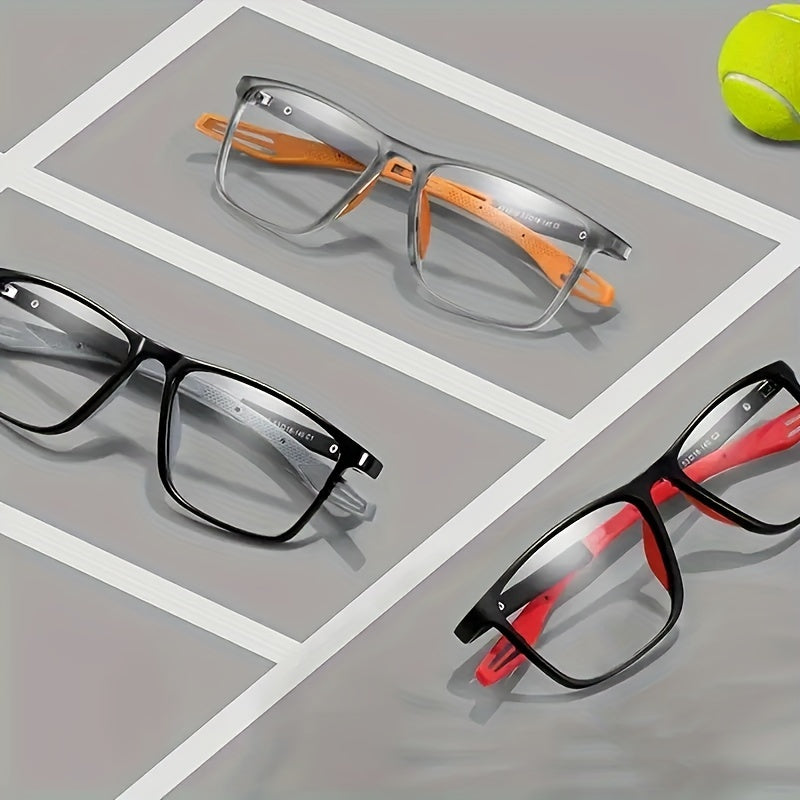 Three color variants of sport reading glasses in black, gray-orange, and black-red on display