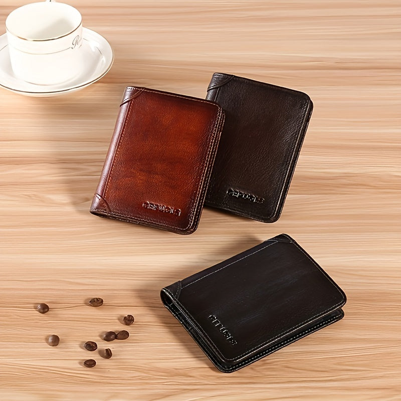 Three vintage leather wallets in black, dark brown, and chestnut arranged on wooden table