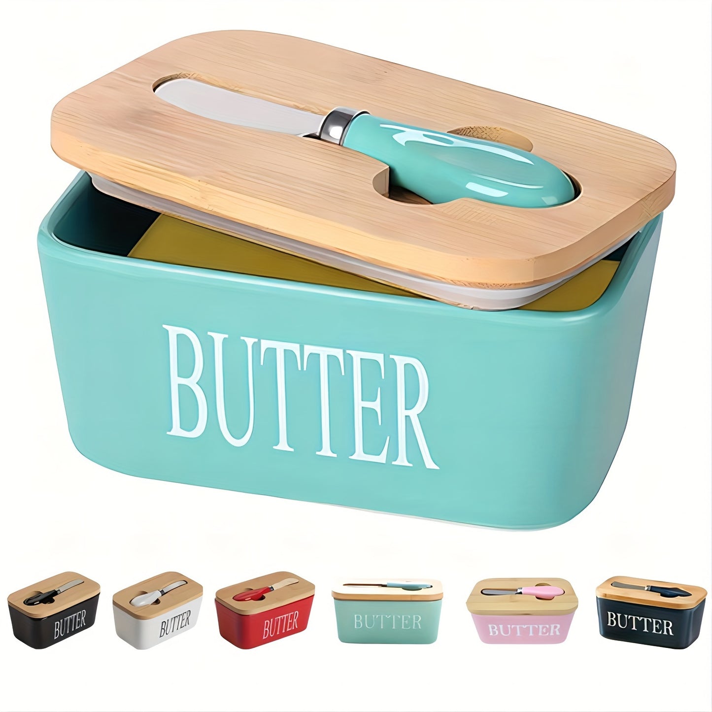 Tiffany Blue / Green ceramic butter dish with bamboo lid and spreader, front view