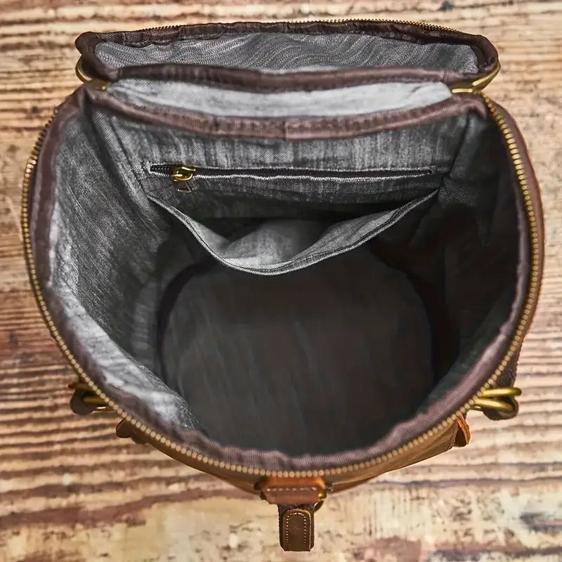 Top-down interior view of ForgeTrail backpack showing big capacity, compartments and lining