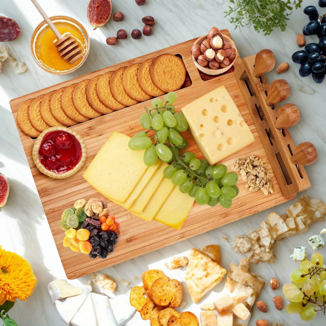 Top view of charcuterie board with sliced cheese, grapes, nuts and crackers on bright marble surface