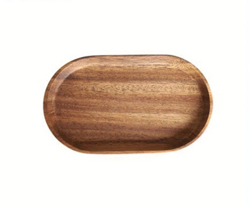 Top view of oval serving tray in dark walnut finish on white background